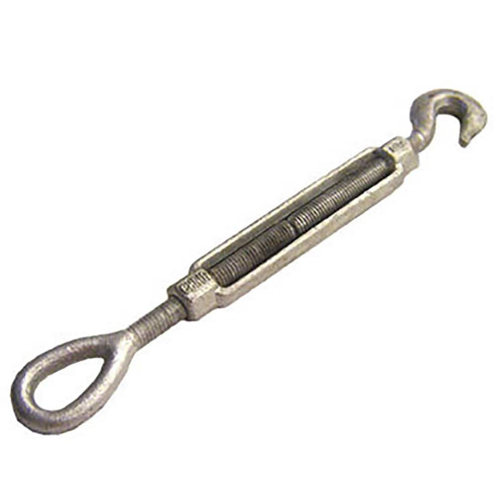 Turnbuckles; Turnbuckle Type: Hook & Eye ; Working Load Limit: 1500 lb ; Thread Size: 1/2-12 in ; Turn-up: 12in ; Closed Length: 19.67in ; Material: Steel