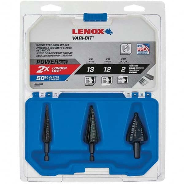 Lenox LXA30930 Step Drill Bits: 1/8" to 1-1/8" Hole Dia, High Speed Steel, 27 Hole Sizes 
