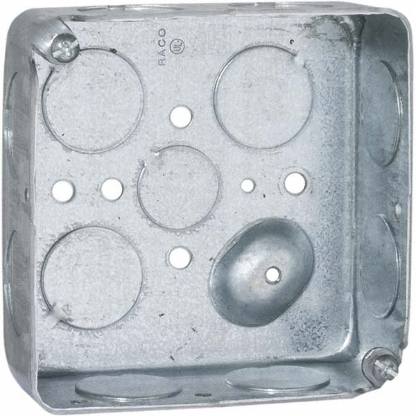 Electrical Device Box: Steel, Square, 4" OAH, 4" OAW, 1.563" OAD, 2 Gangs - (12) 1/2 & 3/4" Knockouts