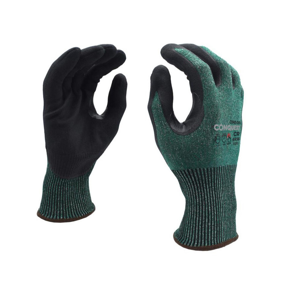 Cut, Puncture & Abrasion-Resistant Gloves: HPPG 6938, Cut A4, Puncture 3, Abrasion 4, 18 ga, Size Medium, 9-3/4" Long - HPPG2, Microfoam Nitrile-Coated, Palm Coating, MicroFoam Grip, Black on Green Pair