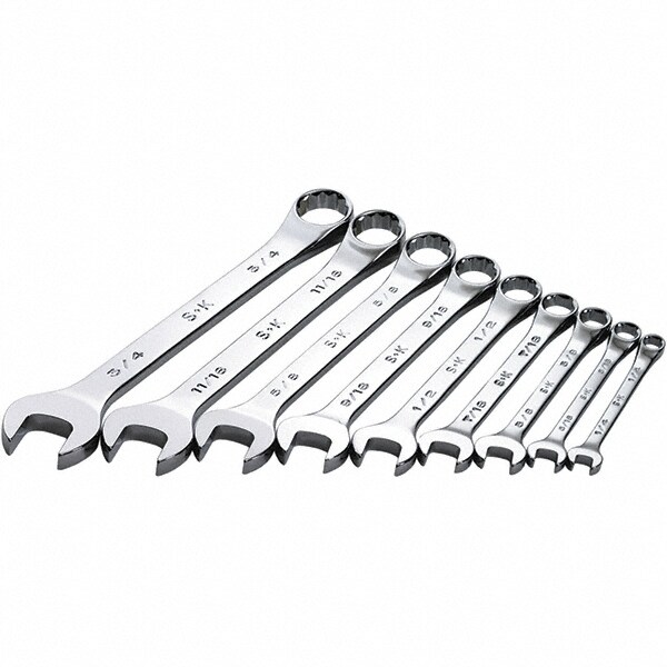Combination Wrench Set: 9 Pc, 1/4 to 3/4" Wrench, Inch