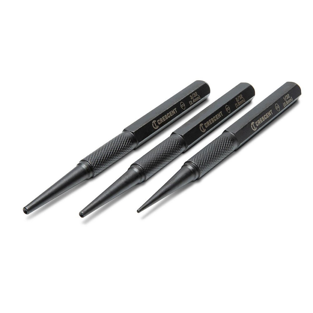 Punch Sets; Set Type: Nail ; Material: Steel ; Container Type: Plastic Case ; Maximum Punch Size (Decimal Inch): 0.0630 ; Includes: 1/32 in; 2/32 in; 3/32 in ; Number Of Pieces: 3
