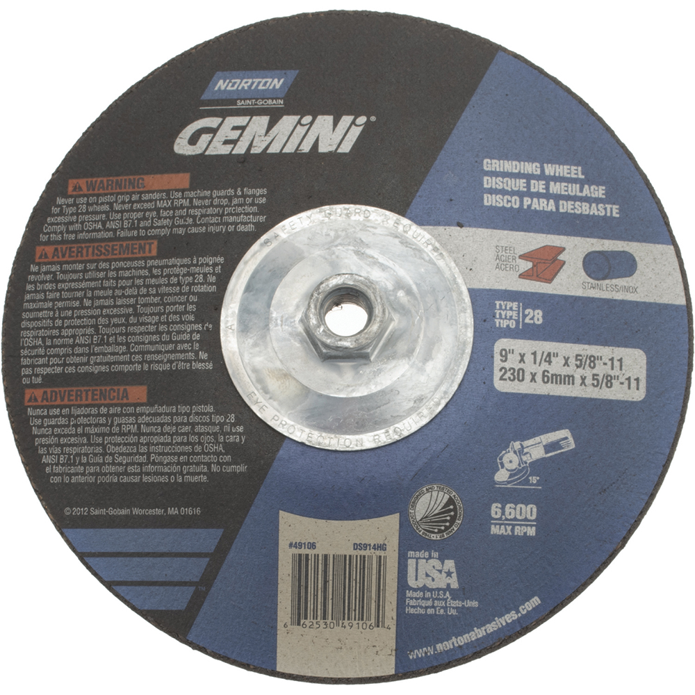 Depressed-Center Wheel: Type 28, 9" Dia, 1/4" Thick, 5/8-11 Hole, Aluminum Oxide - 24 Grit, Resinoid Bond, 6600 Max RPM, Use with Angle Grinder