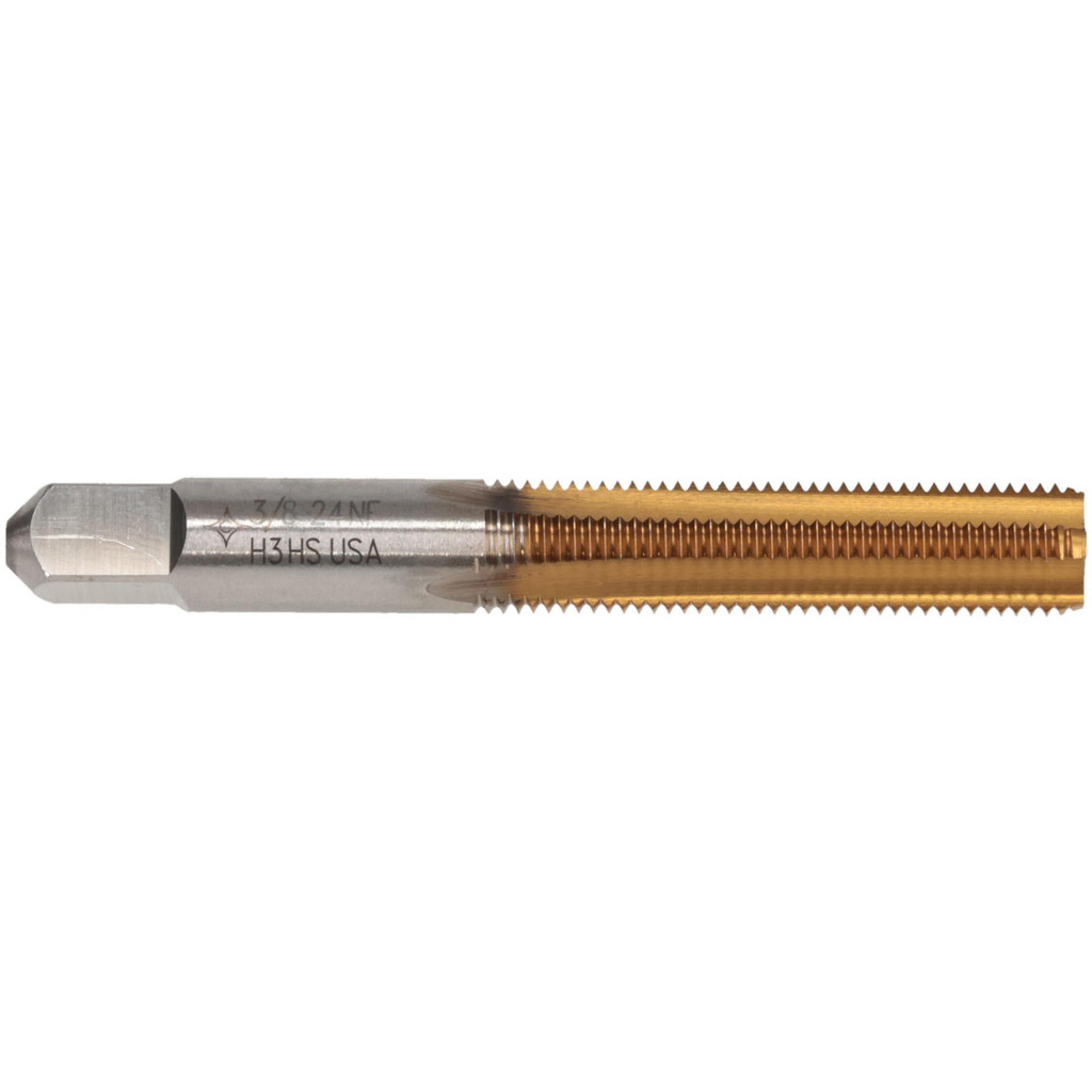 Cleveland Straight Flute Tap: 3/8-24 UNF, 4 Flute, Bottoming Chamfer, 3B Class of Fit, High-Speed Steel, Titanium Nitride Finish - 1-1/4" Thread