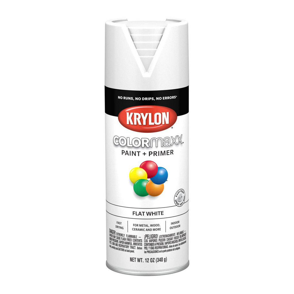 KRYLON COLORmaxx™ Paint + Primer, Flat, White, 12 oz - 12.000 oz Container, Use on Wood, Metal, Wicker, Papier-Mache, Glass, Plaster, Ceramic