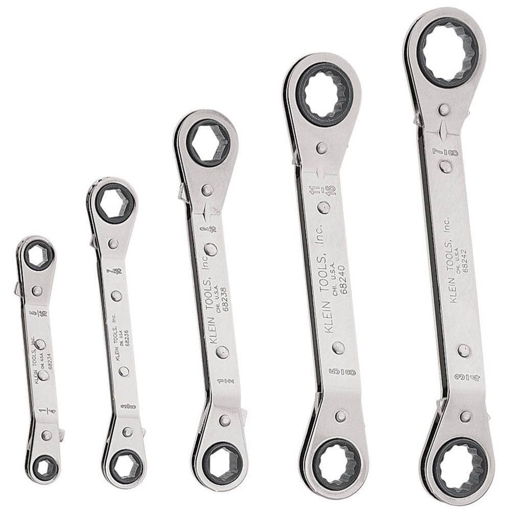 Klein Tools 68245 Ratcheting Box Wrench Set: 5 Pc, 1/2 x 9/16" 1/4 x 5/16" 3/4 x 7/8" 3/8 x 7/16" & 5/8 x 11/16" Wrench, Inch 