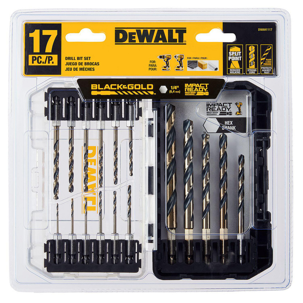 DeWALT Drill Bit Set: Hex Shank Drill Bits, 17 Pc, High-Speed Steel - Gold, Straight, Hex Shank | Part #DWAH1117