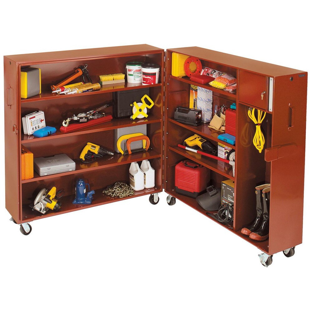 Job Site Tool Storage; Box Type: Tool Storage Cabinet ; Overall Weight Capacity: 2500lb ; Locking Mechanism: Padlock ; Handle Type: Recessed Side ; Mobility: Mobile ; Color: Brown