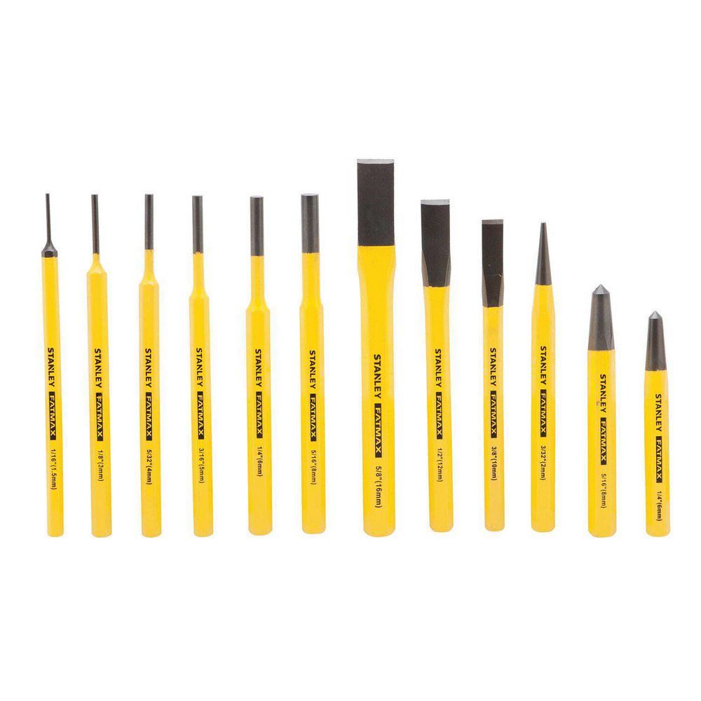 Punch & Chisel Set: 12 Pc, 3/8 - 5/8" Chisel, 1/16 to 5/16" Punch - Steel, Not Tether Capable
