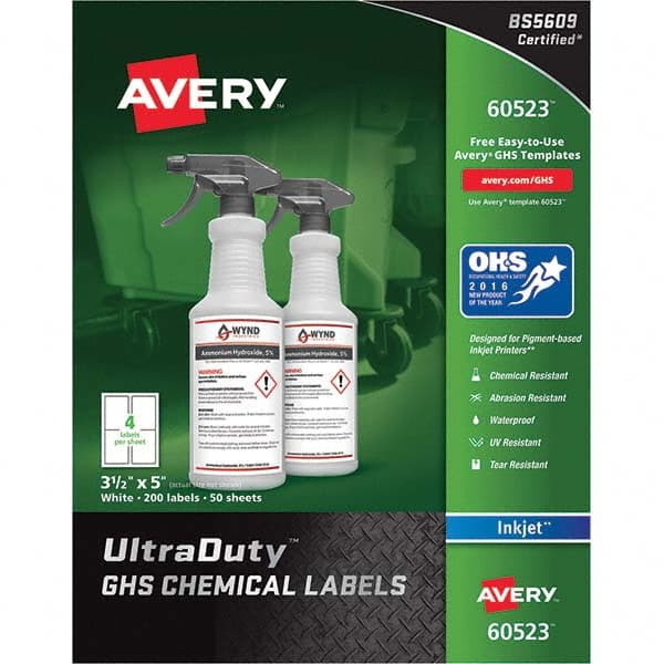 AVERY 60523 Label Maker Label: White, Synthetic Film, 5" OAL, 200 per Roll 