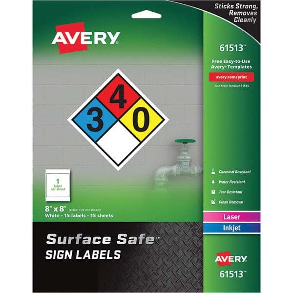 AVERY 61513 Label Maker Label: White, Polyester, 8" OAL, 15 per Roll 