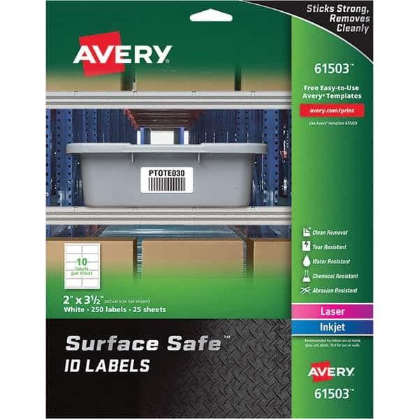 AVERY 61503 Label Maker Label: White, Polyester, 3-1/2" OAL, 250 per Roll 