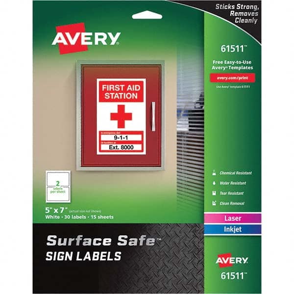 AVERY 61511 Label Maker Label: White, Polyester, 7" OAL, 30 per Roll 
