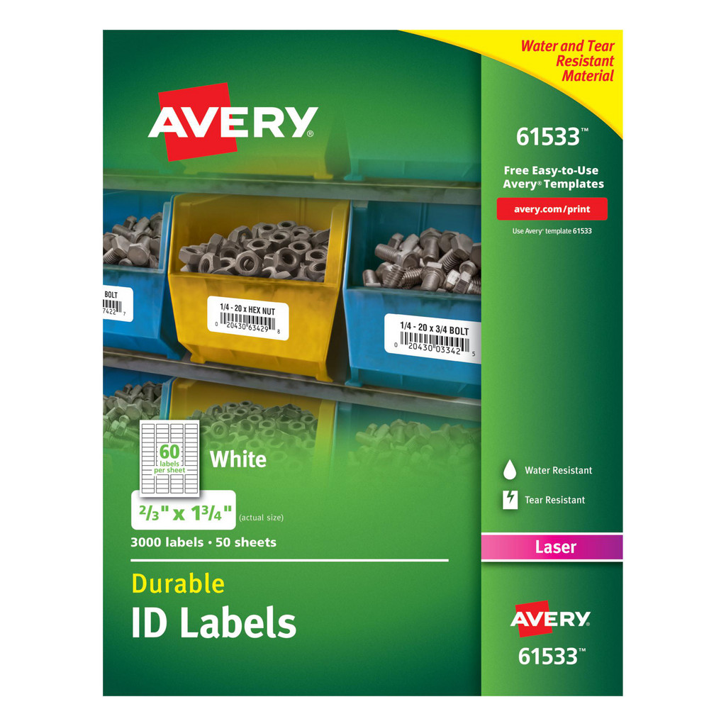 AVERY Label Maker Label: White, Paper, 1-3/4" OAL, 3,000 per Roll - Use w/ Laser Printers | 5-Pack | 5-Pack | Part #61533