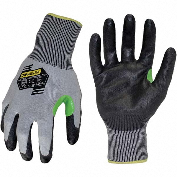 Cut, Puncture & Abrasion-Resistant Gloves: ironClad KKC2PU, Cut A2, Puncture 4, Abrasion 4, 18 ga, Size Small, 11" Long - Hardened Yarn, Polyurethane-Coated, Palm Coating, Smooth Grip, Black on Black<multisep/>Gray Pair