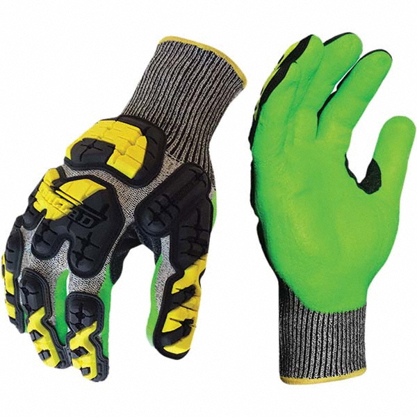 Cut & Puncture-Resistant Gloves: ironClad INDI-KC5G, Cut A3, Puncture 5, Abrasion 0, 13 ga, Size Small, 10" Long - HPPE Blend, Foam Nitrile-Coated, Palm Coating, Foam Grip, Green on Gray<multisep/>Green Pair