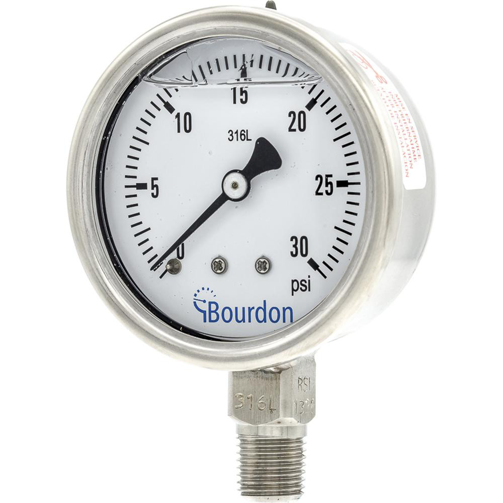Bourdon Pressure Gauge 21/2" Dial Dia, 0 to 30 psi, 1/4" NPT, Lower