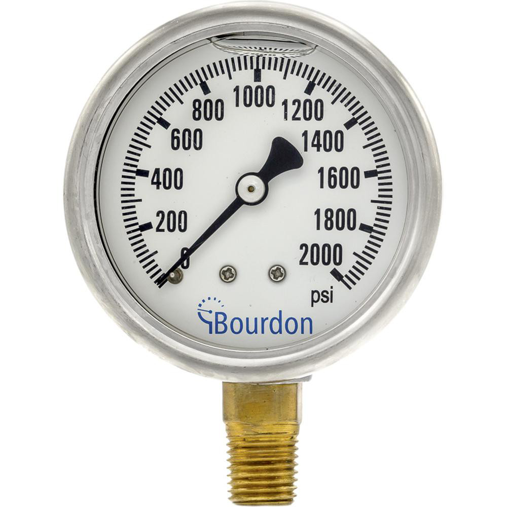 Bourdon Pressure Gauge 21/2" Dial Dia, 0 to 2,000 psi, 1/4" NPT