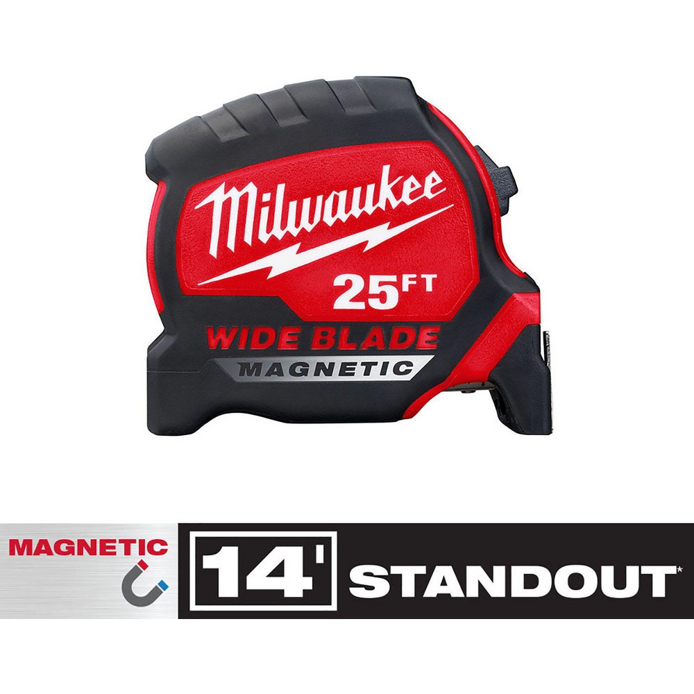 Milwaukee Tool | Milwaukee Tape Measure: 25' Long, 1 Width, Black & Yellow Blade - 1/16 Graduation, inch Graduation, Black & Red Case | Part