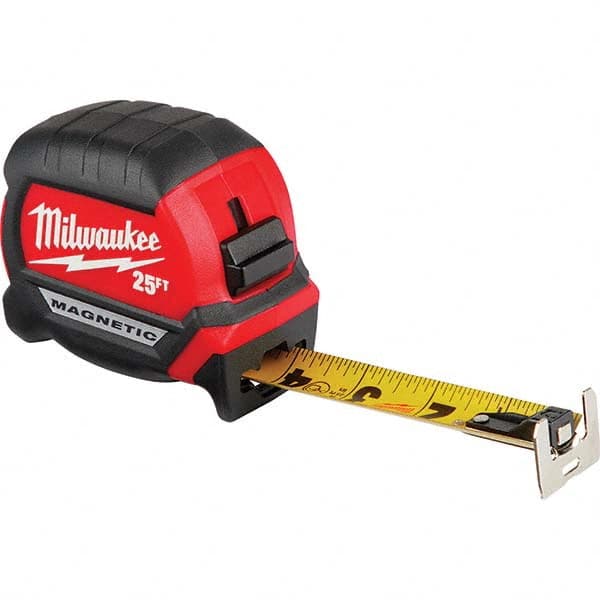 Stanley Tape Measure: 25 ft Tape Lg, 1 in Tape Wd, Plastic Case, Polymer, 7 ft Standout Lg, Auto, Yellow Tape, SAE, inch