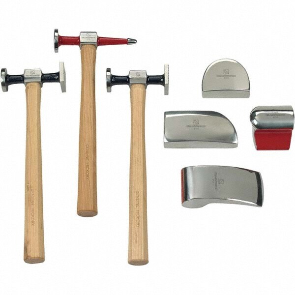 Hammer & Mallet Sets; Type: Hammer Set ; Number of Pieces: 7 ; Contents: (3) Hammers: Bumping, Cross Chisel, Shriking; (4) Dollys: Toe, Wedge, Heel, General Purpose; Blow Mold Case ; Overall Length (Inch): 12.8 ; Material: Steel ; Handle Material: Hickory