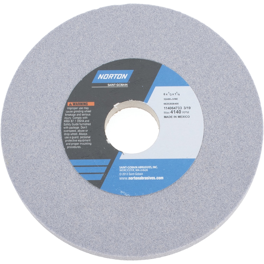 Norton 66252836405 Surface Grinding Wheel: 6" Dia, 1/2" Thick, 1-1/4" Hole, 80 Grit, J Hardness Image