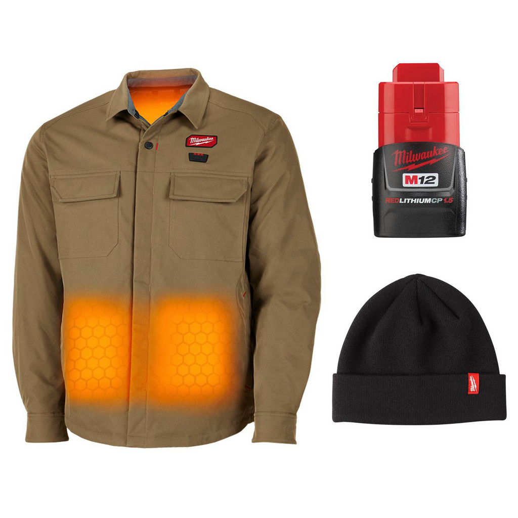 Milwaukee Tool | Milwaukee M12™ Heated Shirt Jacket: Khaki, 3X - BONUS M12™ REDLITHIUM™ CP1.5 Battery Pack & Cuffed Beanie | Part #5740325/1245480