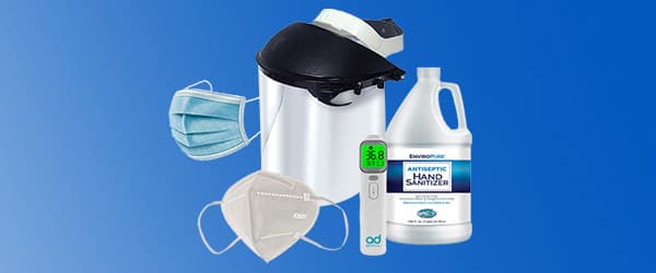 mask, sanitizer, face shield, googles and thermometer