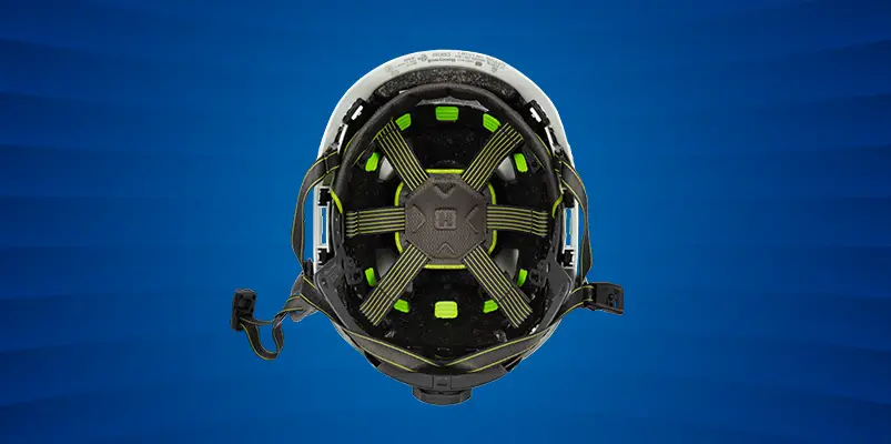 the underside of a Honeywell climbing helmet
