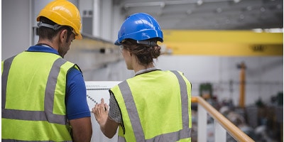 two workers looking at a plan