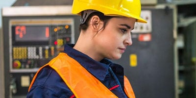 a woman wearing a safety vest and hard hat