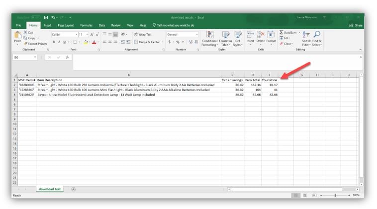 a cart downloaded as an excel spreadsheet